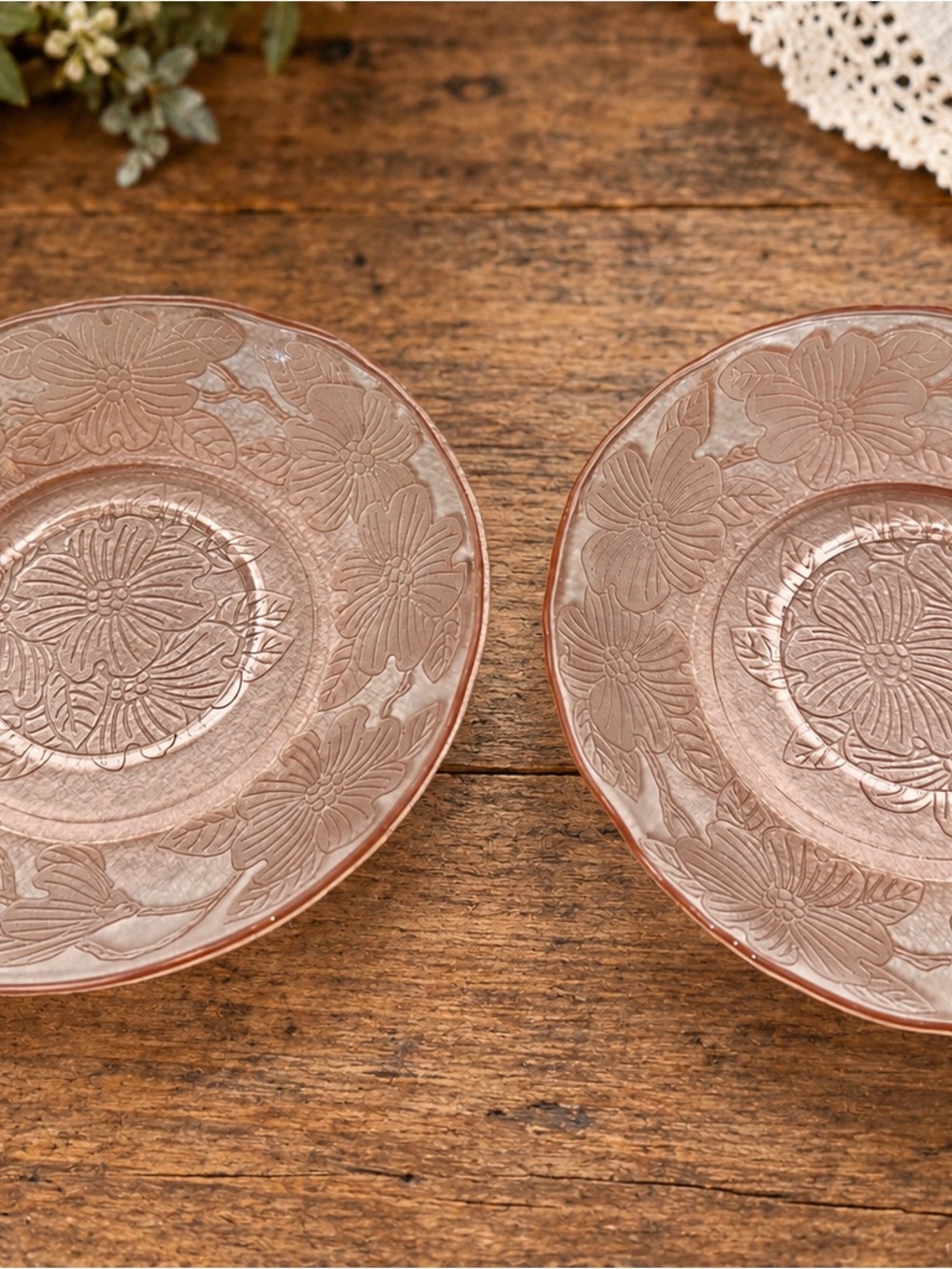 2 MacBeth Evans Dogwood Pink Depression Glass 5.5” Saucers Apple Blossom 1930s